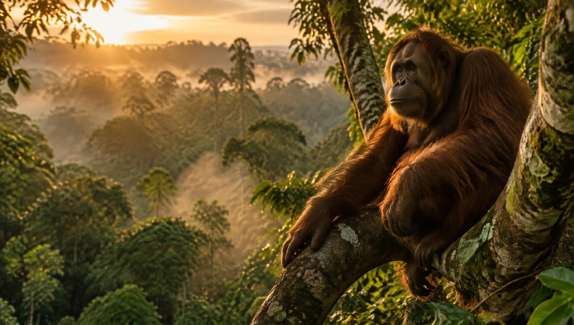 Orang-Utan im Regenwald bei Abendlicht